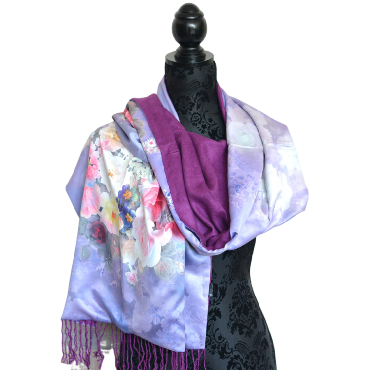 PAÑUELO CUELLO MUJER SEDA 100% NATURAL CUATRO ESTACIONES FLORAL MORADO