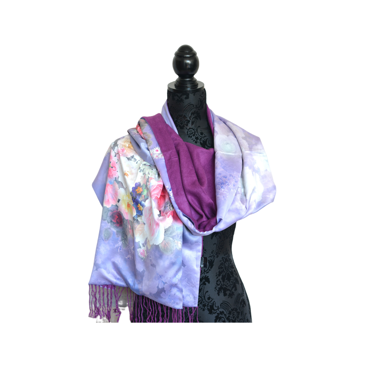 PAÑUELO CUELLO MUJER SEDA 100% NATURAL CUATRO ESTACIONES FLORAL MORADO