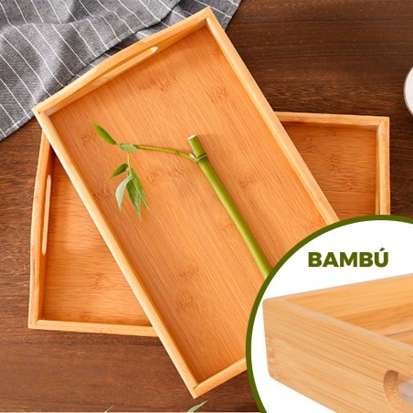 BANDEJA BAMBU NATURAL CON ASAS RECTANGULAR PARA SERVIR 46X30CM