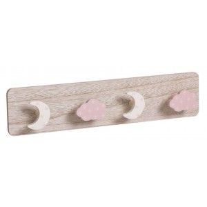 Perchero Pared Rosa Infantil de Madera para Niños, 4 Ganchos. Diseño Original/Nubes 40x4,5x9 cm