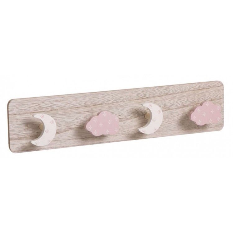Porte-manteau Mural Rose pour Enfants en Bois pour les Enfants, 4 Crochets. Design Original/Nuages 40x4,5x9 cm