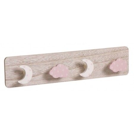 Porte-manteau Mural Rose pour Enfants en Bois pour les Enfants, 4 Crochets. Design Original/Nuages 40x4,5x9 cm