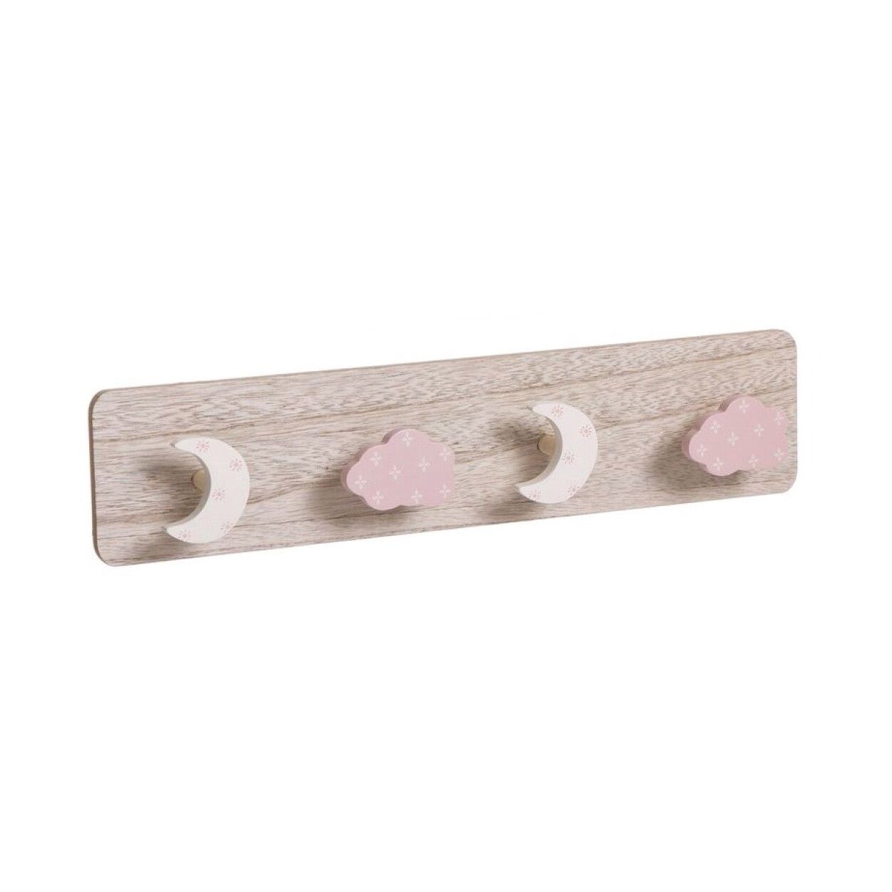Perchero Pared Rosa Infantil de Madera para Niños, 4 Ganchos. Diseño Original/Nubes 40x4,5x9 cm