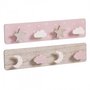 Porte-manteau Mural Rose pour Enfants en Bois pour les Enfants, 4 Crochets. Design Original/Nuages 40x4,5x9 cm