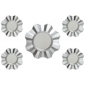 La maison et plus Ensemble de 5 mur de miroirs en forme de fleur. couleur argent