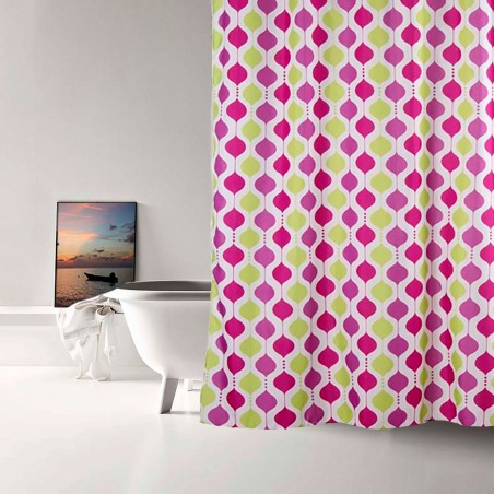 CORTINA BAÑO FORMAS GEOMÉTRICAS MORADA Y VERDE 180X200CM
