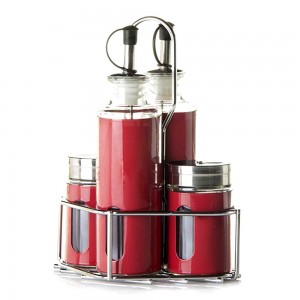 Aceitera/vinagrera, set cuatro piezas rojo, con soporte cromado 