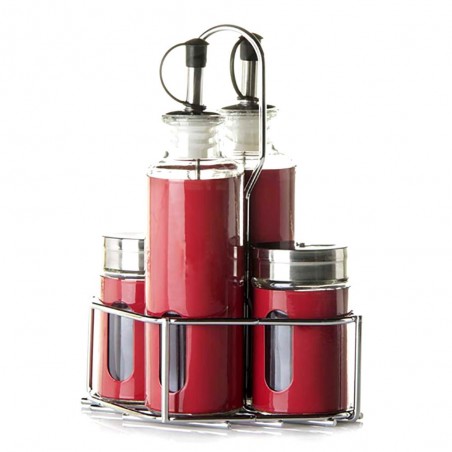 Aceitera/vinagrera, set cuatro piezas rojo, con soporte cromado 