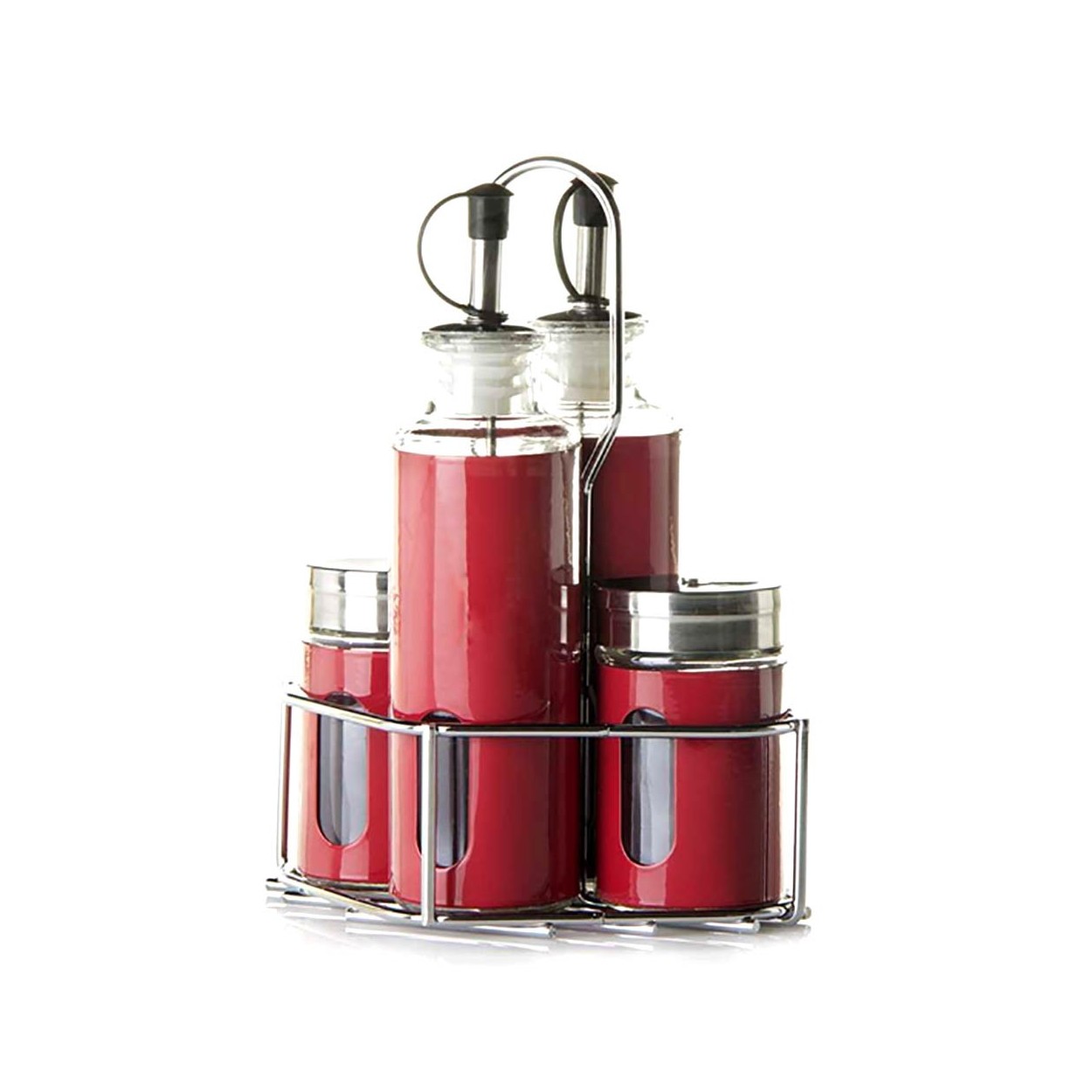 Aceitera/vinagrera, set cuatro piezas rojo, con soporte cromado 