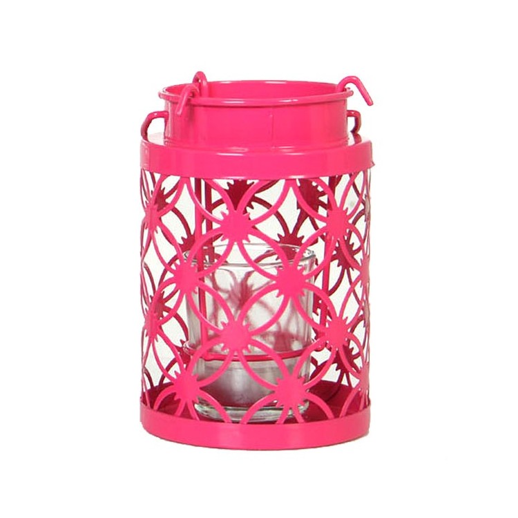 Porte-bougie en Métal Rose (14x12.5 cm), avec un verre de Cristal