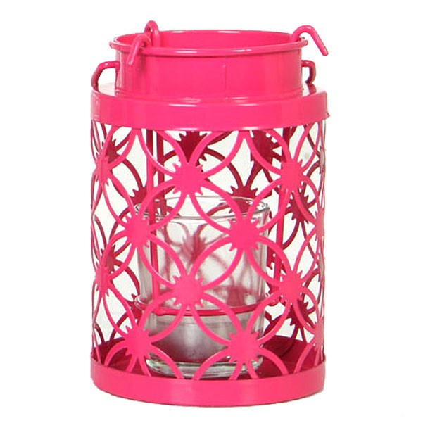 Porte-bougie en Métal Rose (14x12.5 cm), avec un verre de Cristal
