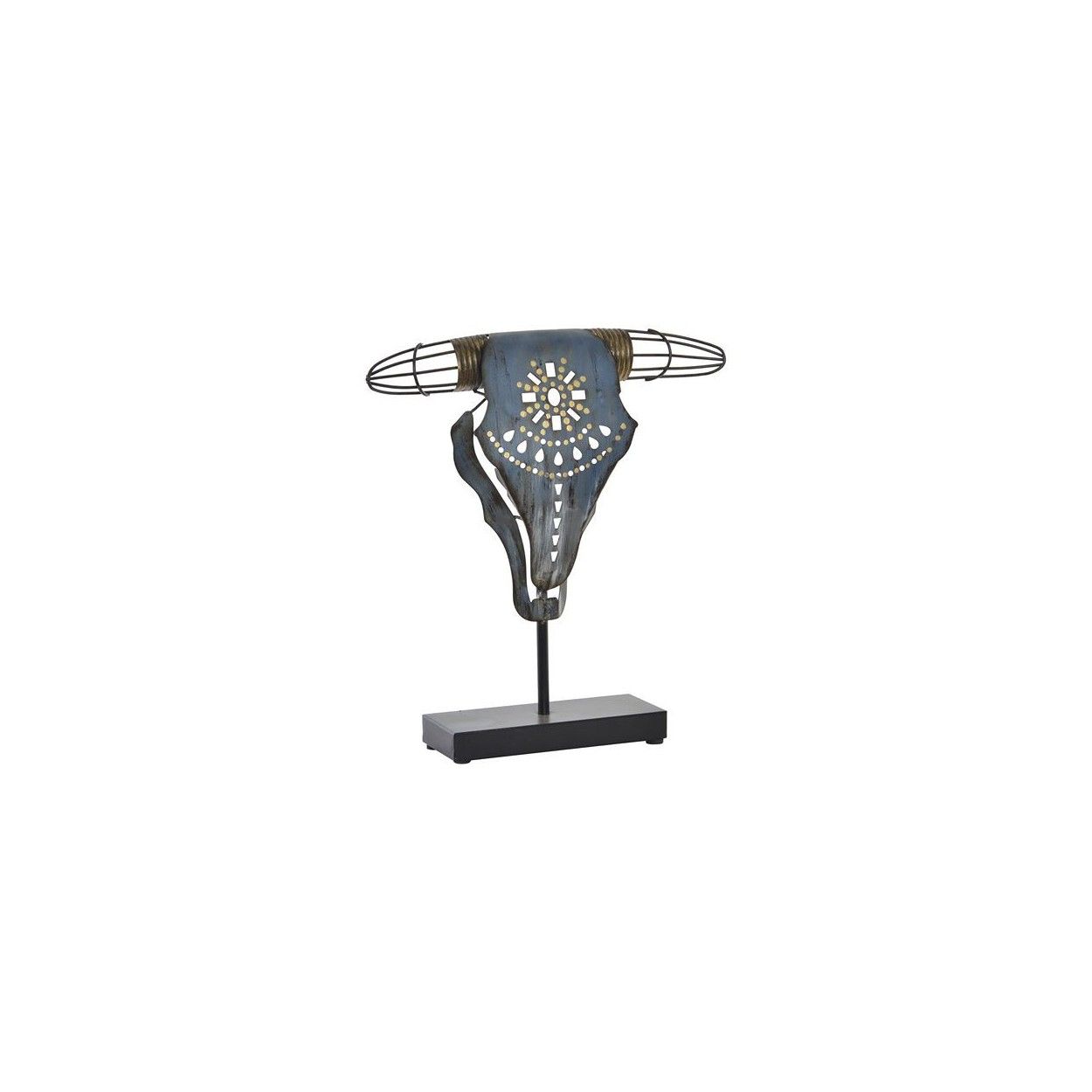 Decoration of Metal with distressed Finish and form of a Cow Skull, Blue color. Design Ethnic/Boho - Home and More