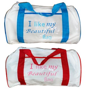 BOLSA DEPORTIVA BLANCA "I LIKE MY BEATIFUL BAG" PVC 41X22X22CM