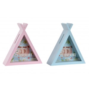 Piggy bank Teepee Glass with Design Sloth Bear and phrase Funny, in 2 Colours Pink or Blue. Original/child 21X7X22,5 cm