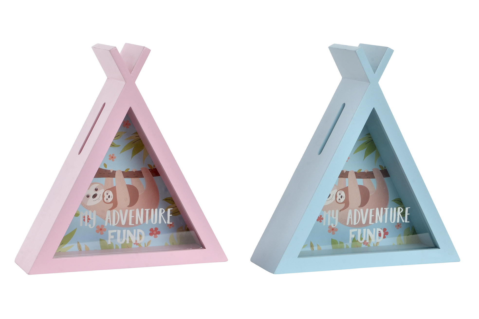 Piggy bank Teepee Glass with Design Sloth Bear and phrase Funny, in 2 Colours Pink or Blue. Original/child 21X7X22,5 cm