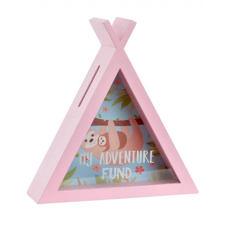 Piggy bank Teepee Glass with Design Sloth Bear and phrase Funny, in 2 Colours Pink or Blue. Original/child 21X7X22,5 cm