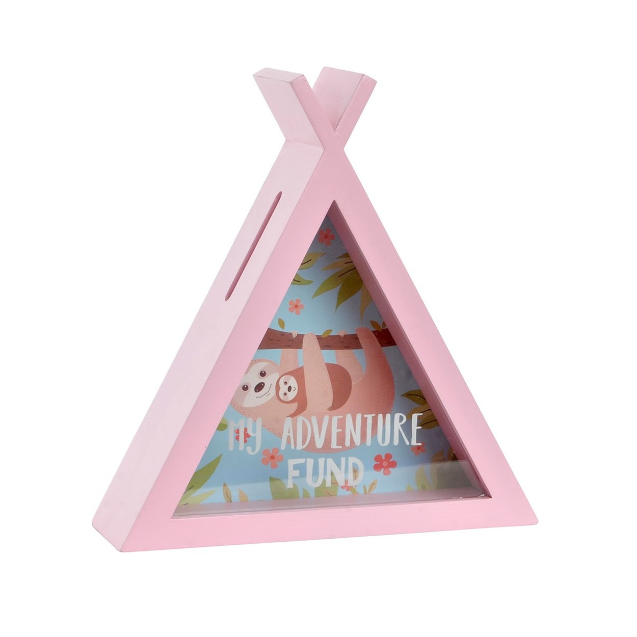 Piggy bank Teepee Glass with Design Sloth Bear and phrase Funny, in 2 Colours Pink or Blue. Original/child 21X7X22,5 cm