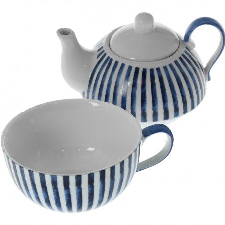 Tetera y Taza con Filtro para Infusiones en Cerámica Natural Diseño Rayas Azules Juego de Seis Unidades