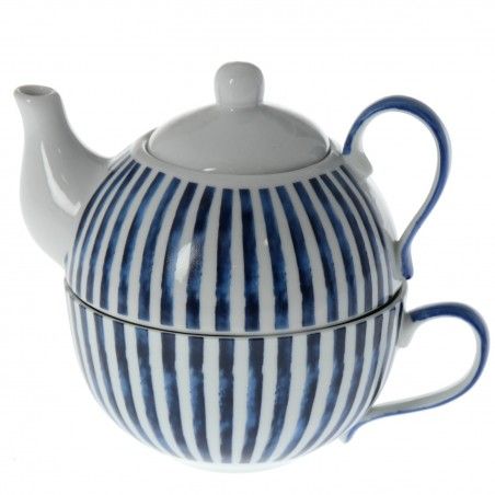 Tetera y Taza con Filtro para Infusiones en Cerámica Natural Diseño Rayas Azules Juego de Seis Unidades