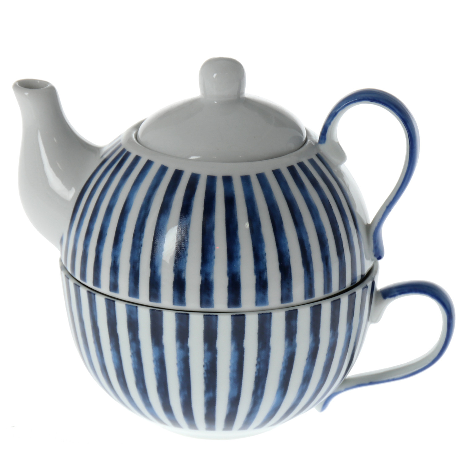 Teapot and Cup with Filter for Infusions in Natural Ceramic Design Stripes Blue set of Six Units