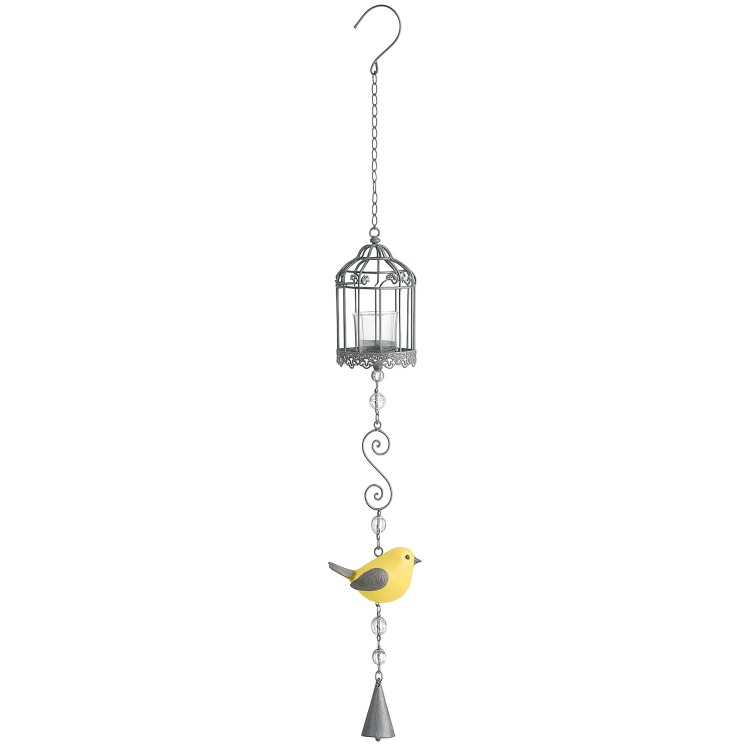 PORTAVELAS COLGANTE DECORATIVO METÁLICO CON JAULA Y PÁJARO 15X110CM
