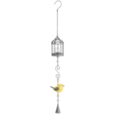PORTAVELAS COLGANTE DECORATIVO METÁLICO CON JAULA Y PÁJARO 15X110CM