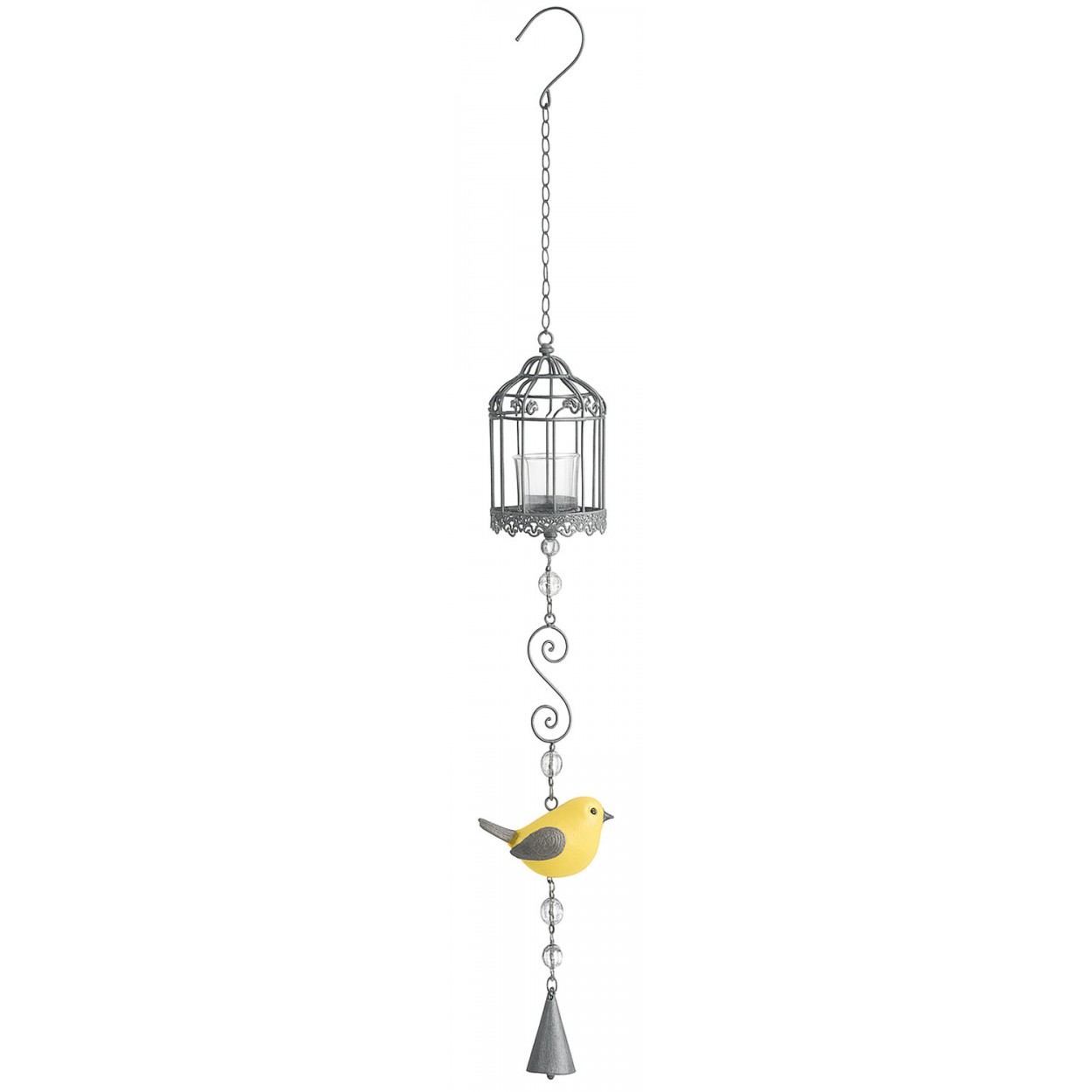 PORTAVELAS COLGANTE DECORATIVO METÁLICO CON JAULA Y PÁJARO 15X110CM