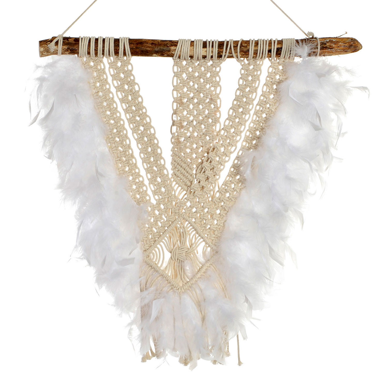 TAPIZ PARED MACRAMÉ PLUMAS Y RAMA BOHO CHIC 52X55CM