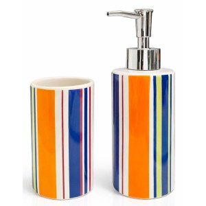 JUEGO DE BAÑO SET 2 PIEZAS CERÁMICA RAYAS COLORIDAS 19x6,5CM