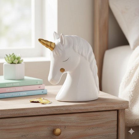 Hucha de Unicornio en Cerámica Blanca y Dorado - Hucha Infantil Juvenil Decorativa Estilo Nórdico