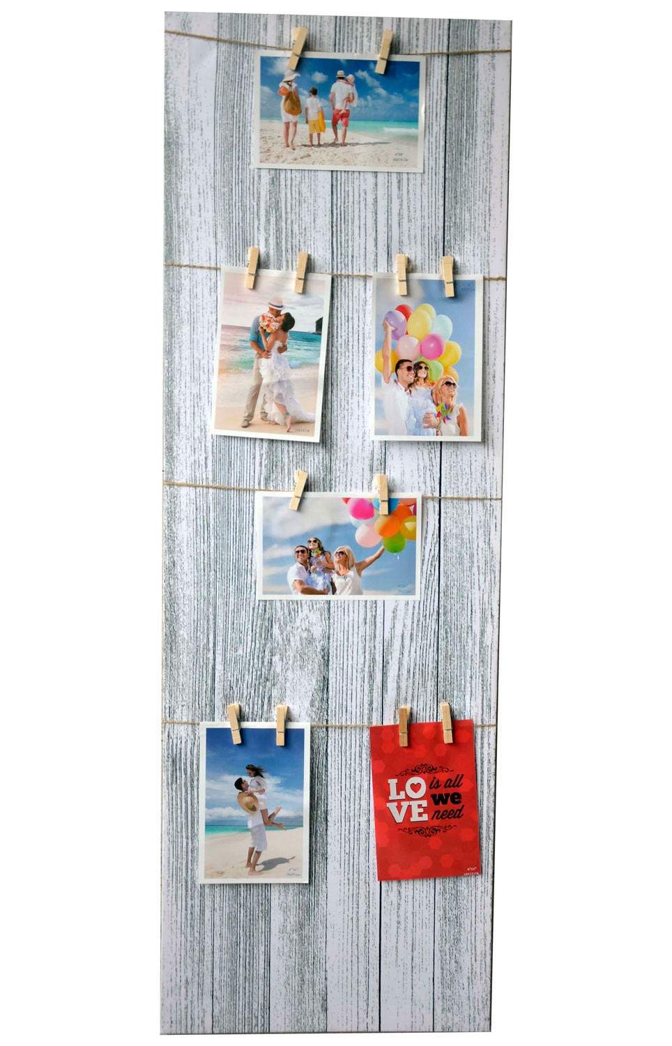 PORTAFOTOS VERTICAL LIENZO CON PINZAS Y CUERDAS 90X30CM EFECTO MADERA
