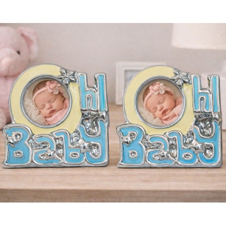 Set de 10 Marco de Fotos Baby Azul Portafotos de Cerámica para Bautizo 11,5x15cm