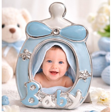 Set 10 Marcos de Fotos Biberón Azul y Plata Portafotos para Bautizo y Baby Shower 13x9,5cm