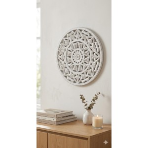 Retablo de Pared Circular Calado - Madera MDF Blanco Decapé (30x30 cm)