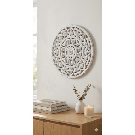 Retablo de Pared Circular Calado - Madera MDF Blanco Decapé (30x30 cm)