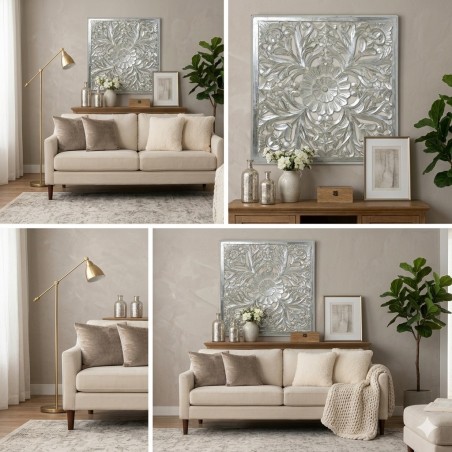 Retablo de Madera Calado Floral 100x100 cm - Blanco y Plata