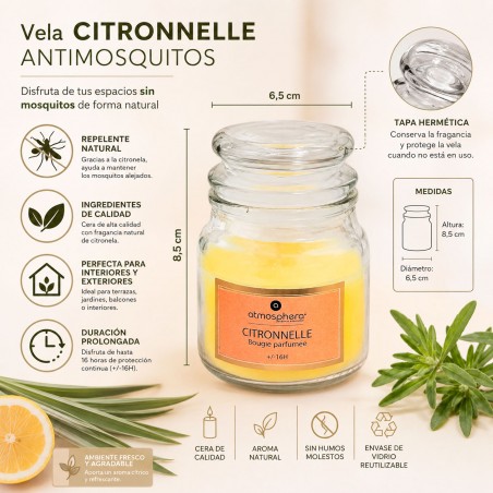 Set de 6 Velas de Citronela Antimosquitos con Tapa Hermética - 16H de Duración