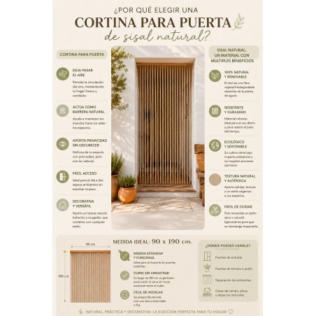 Cortina de Puerta de Sisal y Bambú Natural – Estilo Boho Chic, 90x190cm – Ideal para Separación de Ambientes y Frescura