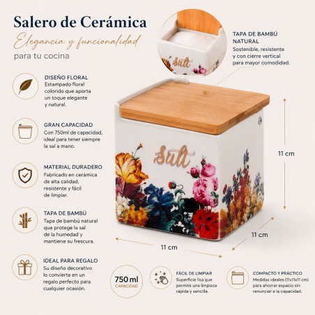 Salero de Cocina en Cerámica con Tapa de Bambú - 750ml, Estampado Floral