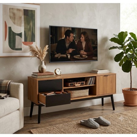 Mueble de TV en Madera Kyle 140x37x52 cm – Estilo Nórdico Industrial con Cajones Negros