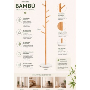 PERCHERO DE PIE DE BAMBÚ NATURAL CON 6 GANCHOS 180X36CM