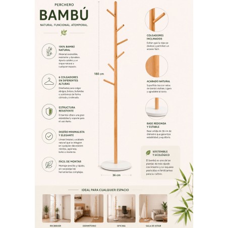 PERCHERO DE PIE DE BAMBÚ NATURAL CON 6 GANCHOS 180X36CM