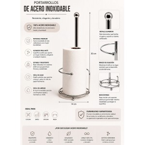 Portarrollos de cocina de acero inoxidable – Soporte vertical para papel de cocina, diseño estable, 30x14 cm