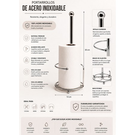 Portarrollos de cocina de acero inoxidable – Soporte vertical para papel de cocina, diseño estable, 30x14 cm