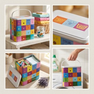 Caja de Almacenaje Decorativa de Metal con Tapa y Asa - Diseño Lavadoras Multicolor (19,5x20x12,5 cm)