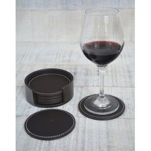 Coasters, round imitation leather with holder set of six units - Home and more