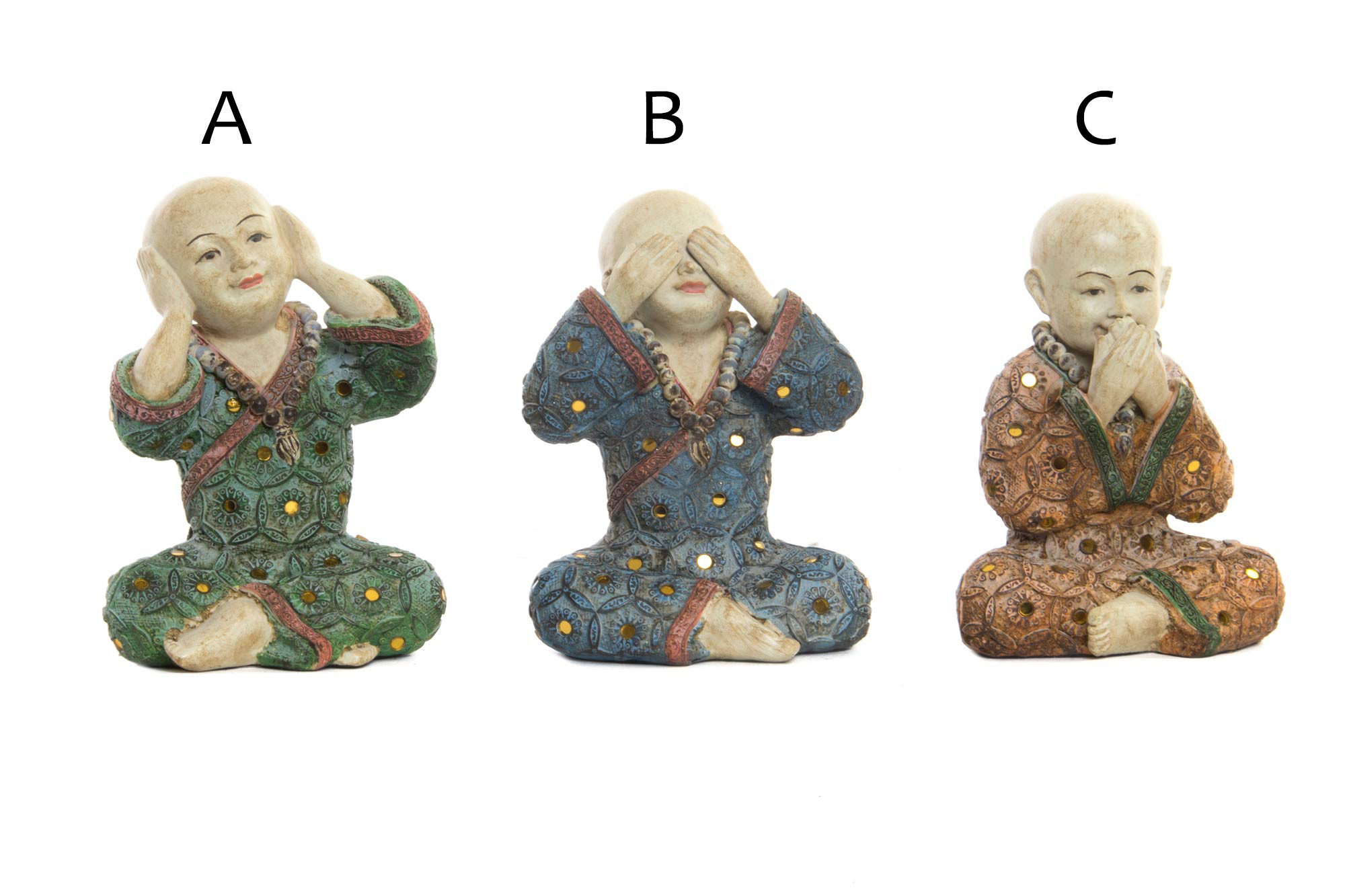 FIGURA MONJE BUDISTA ZEN NO VER, OÍR O CALLAR DECORACIÓN RESINA 22CM