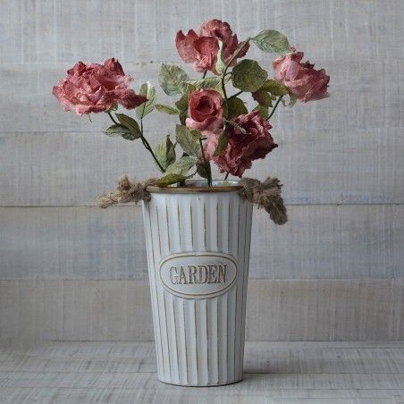 Planter tall metal Vintage patina white Garden - Home and More