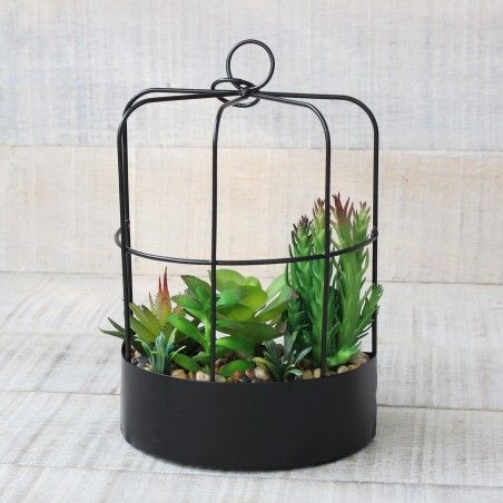 Pot de fleurs pendentif en forme de demi-cage avec des fleurs artificielles - Romantique - Maison et plus