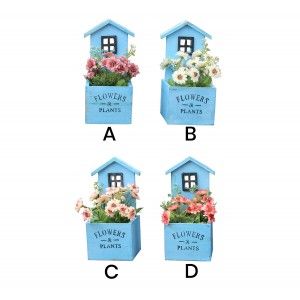 Jardinière décorative en bois naturel en forme de maison avec Jardin à patine bleu jardin - Édition Bassic - Maison et plus